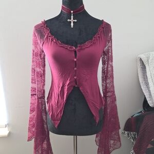 DOLLS KILL Witchy Elegant Red Lace Button-Up Top